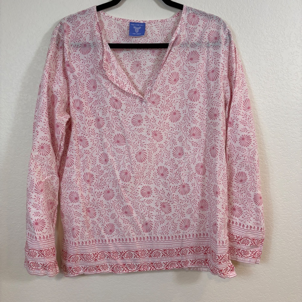 Pine Cone Hill Tunic Top Women L Pink Floral Cotton Split Neck Lagenlook Boho
